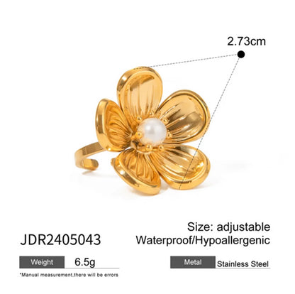 Wholesale Jewelry Sweet Artistic Flower 304 Stainless Steel Artificial Pearls 18K Gold Plated Inlay Open Rings