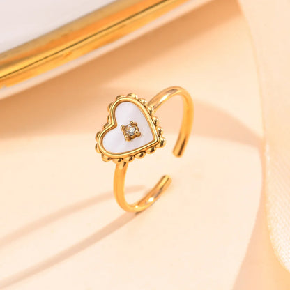 Wholesale Jewelry Sweet Heart Shape 304 Stainless Steel Shell Zircon 18K Gold Plated Inlay Open Rings