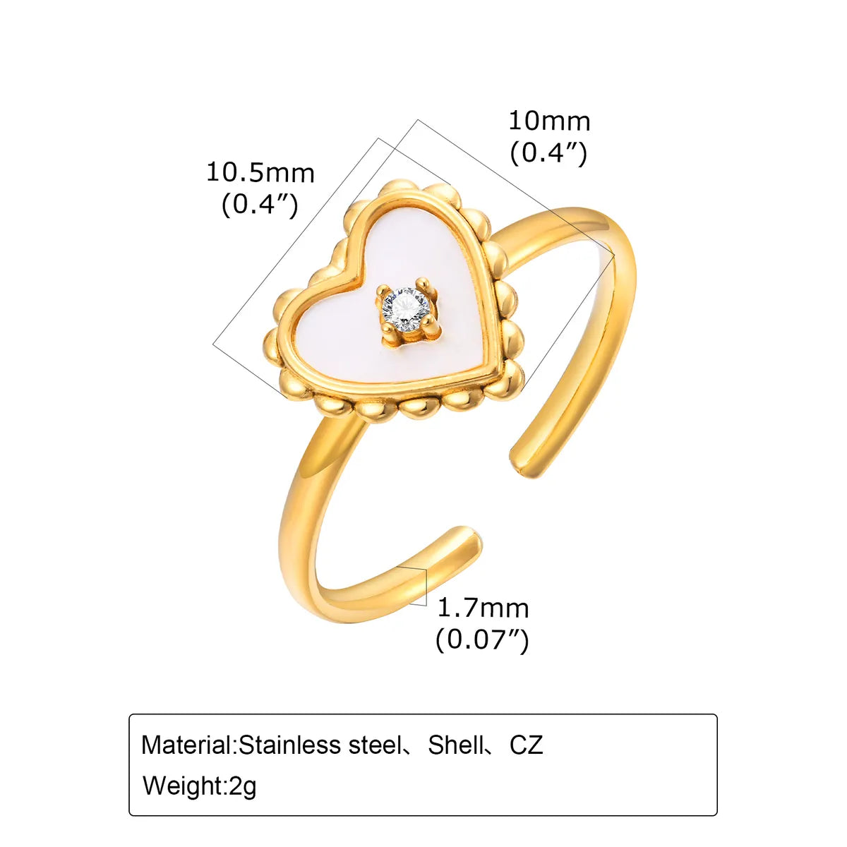 Wholesale Jewelry Sweet Heart Shape 304 Stainless Steel Shell Zircon 18K Gold Plated Inlay Open Rings