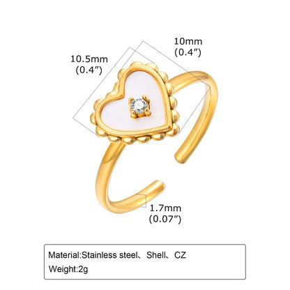 Wholesale Jewelry Sweet Heart Shape 304 Stainless Steel Shell Zircon 18K Gold Plated Inlay Open Rings