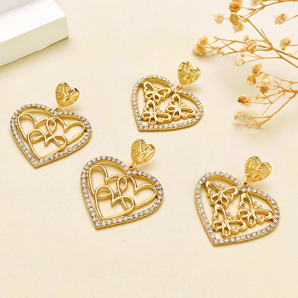 Wholesale Jewelry Sweet Heart Shape Alloy Artificial Diamond Inlay Drop Earrings