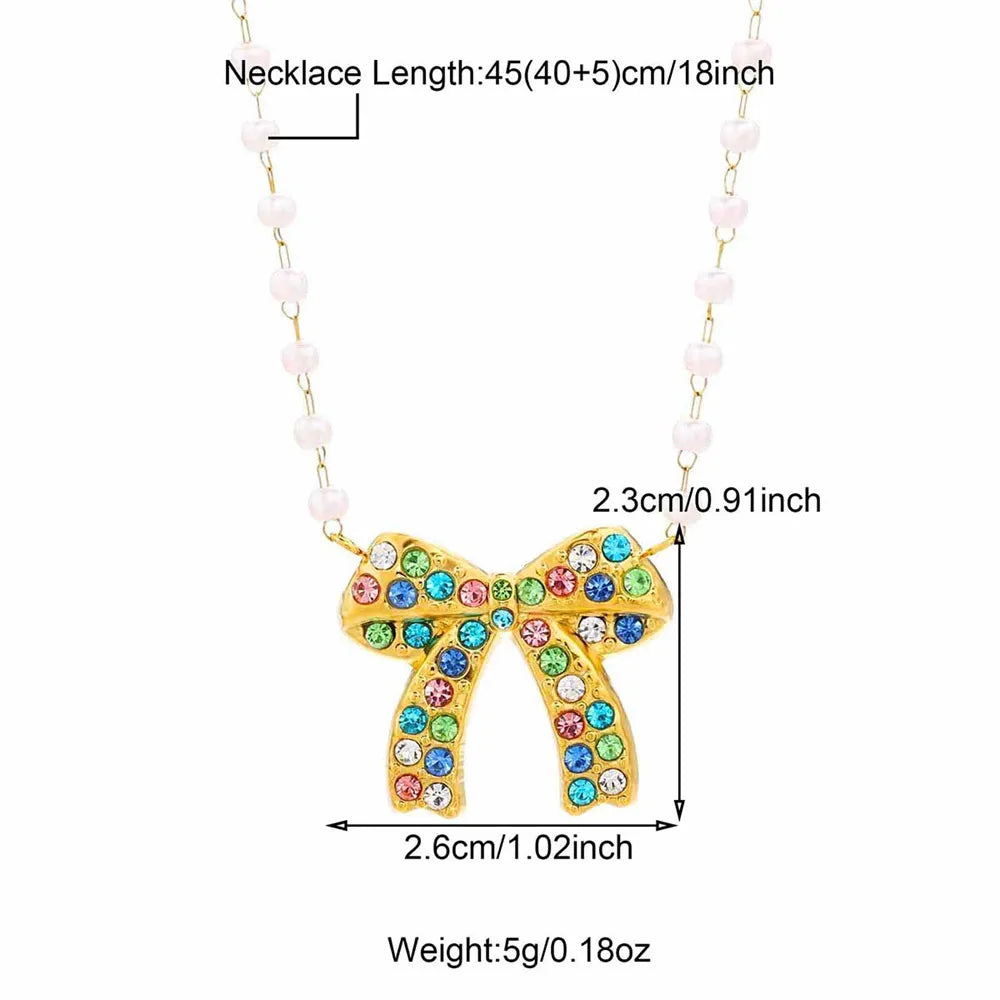 Wholesale Jewelry Sweet IG Style Bow Knot 304 Stainless Steel Pearl Zircon Beaded Inlay Necklace