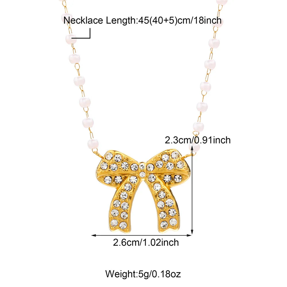 Wholesale Jewelry Sweet IG Style Bow Knot 304 Stainless Steel Pearl Zircon Beaded Inlay Necklace