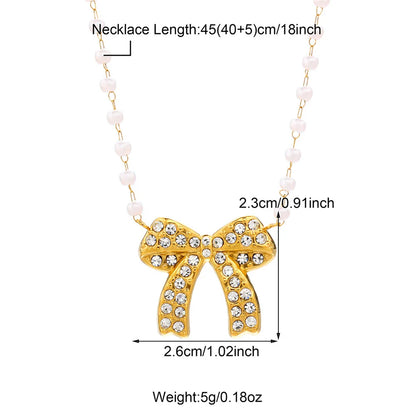 Wholesale Jewelry Sweet IG Style Bow Knot 304 Stainless Steel Pearl Zircon Beaded Inlay Necklace