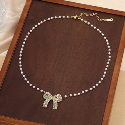 Wholesale Jewelry Sweet IG Style Bow Knot 304 Stainless Steel Pearl Zircon Beaded Inlay Necklace