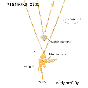 Wholesale Jewelry Sweet Korean Style Angel Heart Shape 304 Stainless Steel Rhinestones 18K Gold Plated Layered Plating Inlay Double Layer Necklaces Pendant Necklace