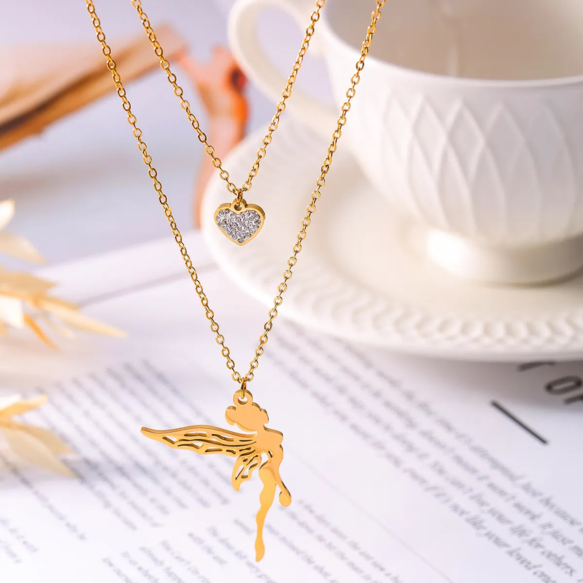 Wholesale Jewelry Sweet Korean Style Angel Heart Shape 304 Stainless Steel Rhinestones 18K Gold Plated Layered Plating Inlay Double Layer Necklaces Pendant Necklace