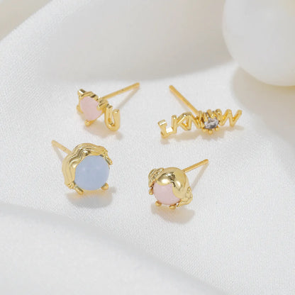 Wholesale Jewelry Sweet Letter Heart Shape Brass Zircon 18k Gold Plated Asymmetrical Ear Studs