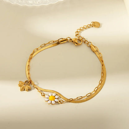 Wholesale Jewelry Sweet Pastoral Commute Little Daisy 304 Stainless Steel 14K Gold Plated Enamel Plating Bracelets Necklace