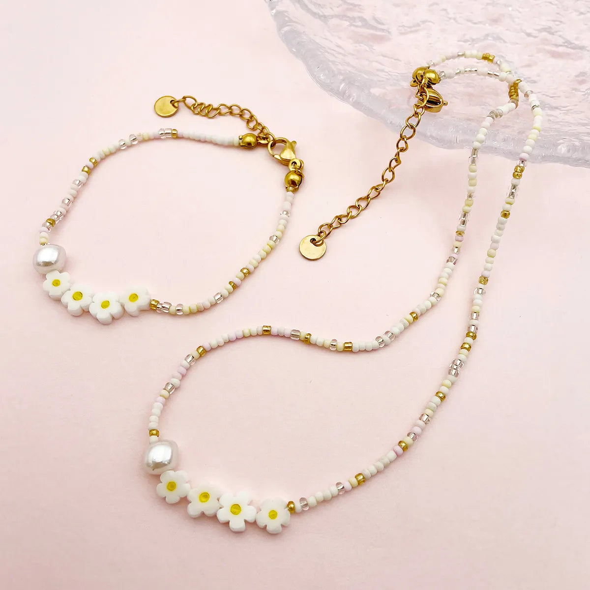 Sweet Pastoral Flower Gold Plated Crystal Pearl Beads 304 Stainless Steel Beaded Wholesale Bracelets Necklace