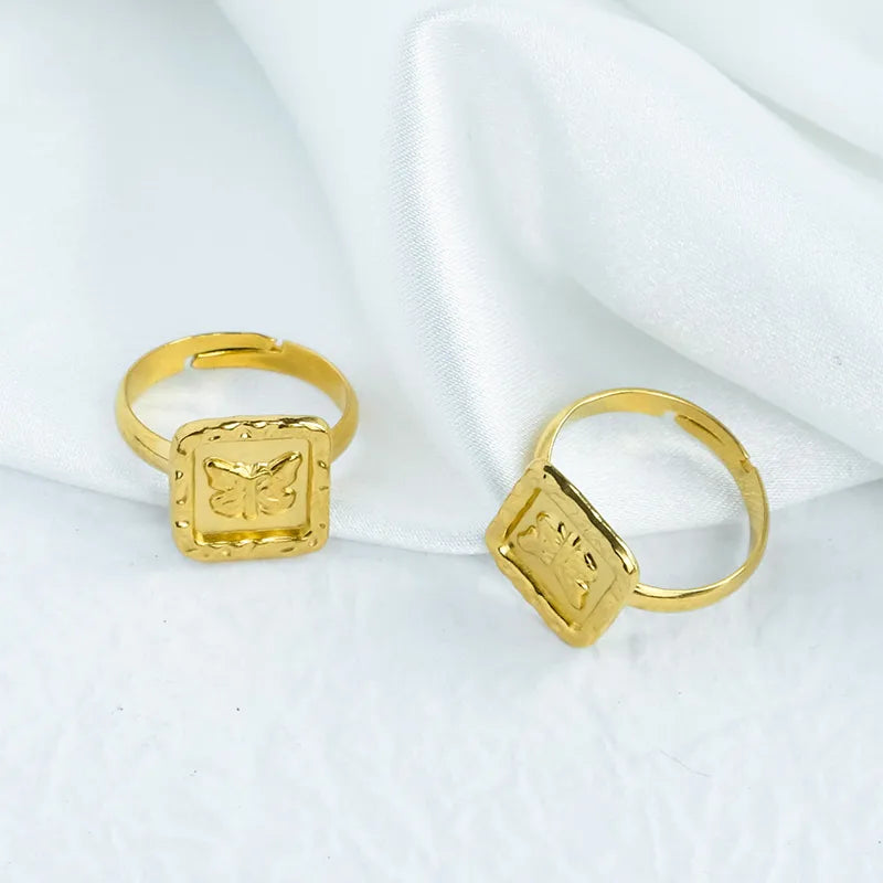 Wholesale Jewelry Sweet Pastoral Square Butterfly 304 Stainless Steel 14K Gold Plated Plating Hollow Out Rings