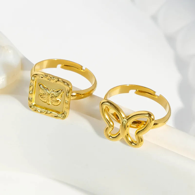 Wholesale Jewelry Sweet Pastoral Square Butterfly 304 Stainless Steel 14K Gold Plated Plating Hollow Out Rings