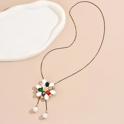 Wholesale Jewelry Sweet Shiny Flower Alloy Rhinestones Pearl Plating Inlay Sweater Chain Long Necklace