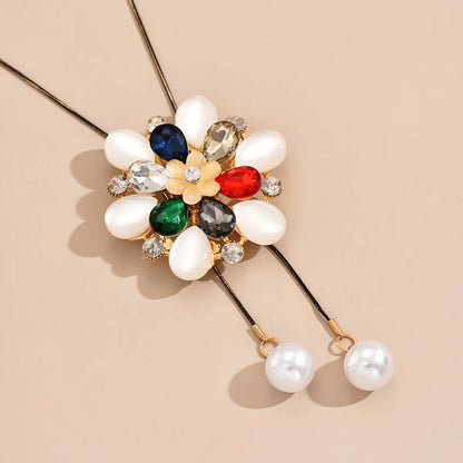 Wholesale Jewelry Sweet Shiny Flower Alloy Rhinestones Pearl Plating Inlay Sweater Chain Long Necklace