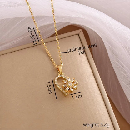 Wholesale Jewelry Sweet Shiny Heart Shape Flower 304 Stainless Steel Zircon 18K Gold Plated Hollow Out Inlay Pendant Necklace