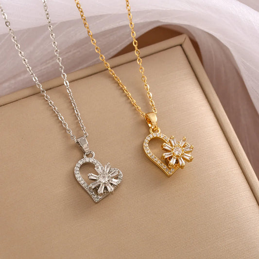 Wholesale Jewelry Sweet Shiny Heart Shape Flower 304 Stainless Steel Zircon 18K Gold Plated Hollow Out Inlay Pendant Necklace