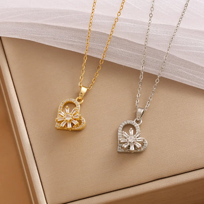 Wholesale Jewelry Sweet Shiny Heart Shape Flower 304 Stainless Steel Zircon 18K Gold Plated Hollow Out Inlay Pendant Necklace