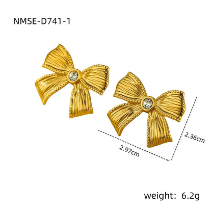 Wholesale Jewelry Sweet Simple Style Bow Knot 304 Stainless Steel Zircon 18K Gold Plated Inlay Rings Earrings Necklace