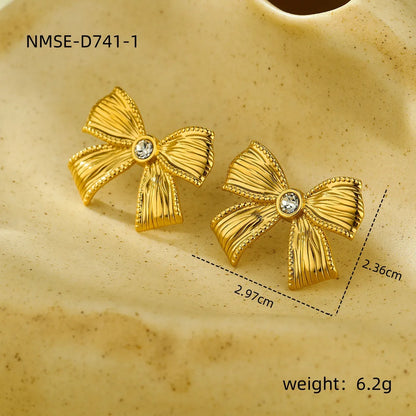 Wholesale Jewelry Sweet Simple Style Bow Knot 304 Stainless Steel Zircon 18K Gold Plated Inlay Rings Earrings Necklace