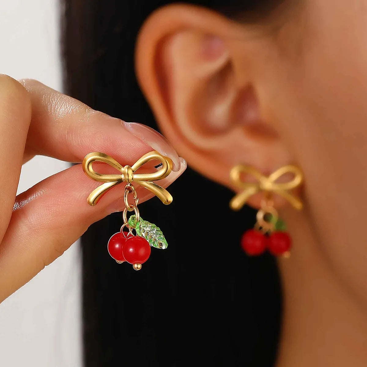 Wholesale Jewelry Sweet Simple Style Cherry Bow Knot 304 Stainless Steel Rings Earrings