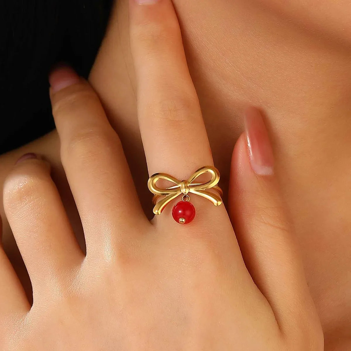 Wholesale Jewelry Sweet Simple Style Cherry Bow Knot 304 Stainless Steel Rings Earrings