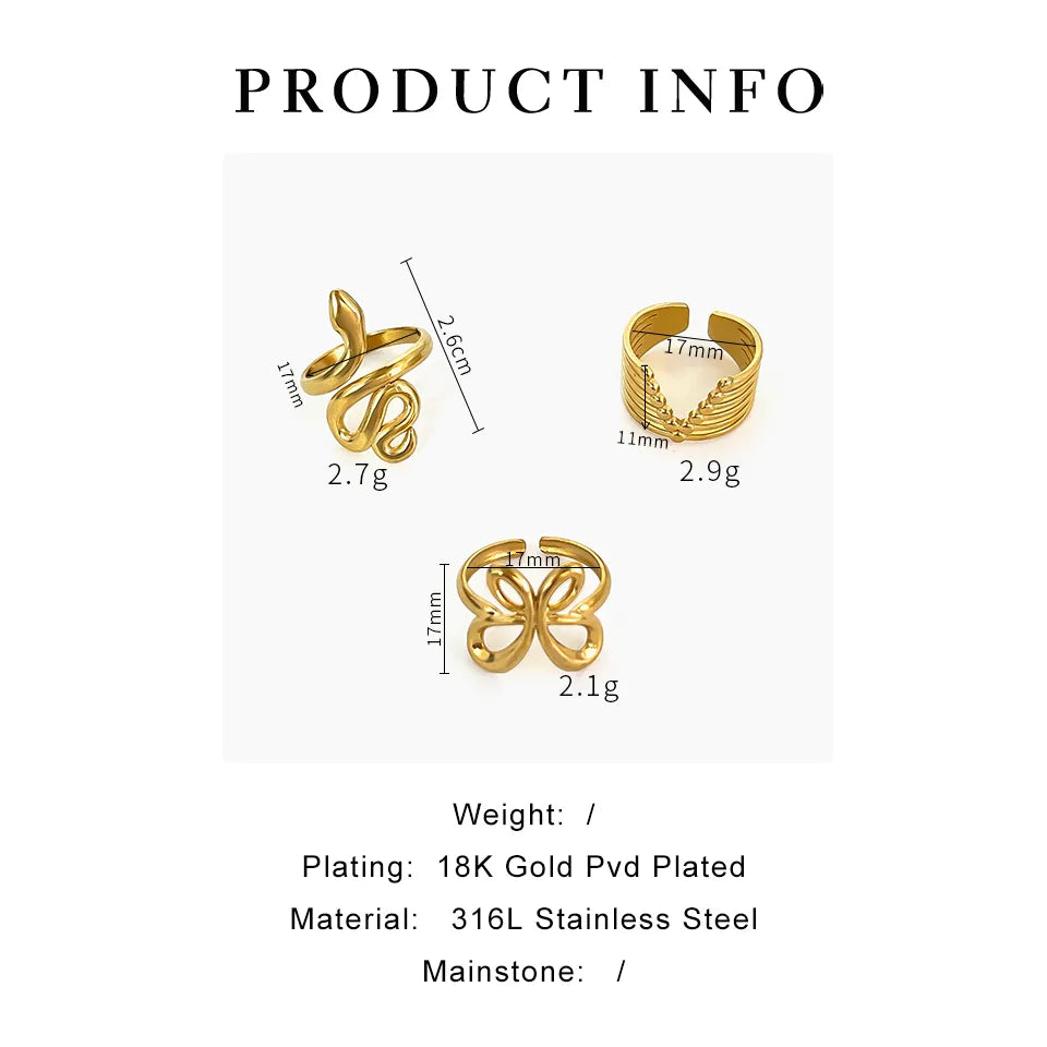 Wholesale Jewelry Sweet Simple Style Classic Style Snake Butterfly 316L Stainless Steel  18K Gold Plated Irregular Open Rings