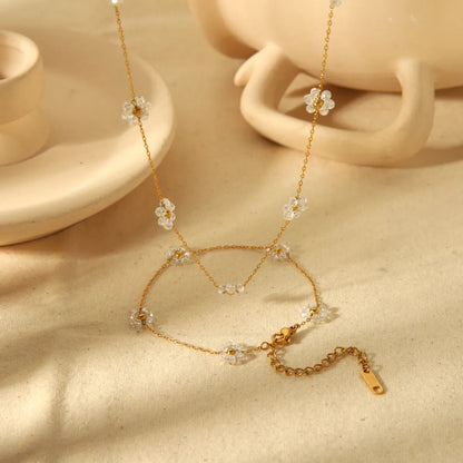 Wholesale Jewelry Sweet Simple Style Flower 304 Stainless Steel 18K Gold Plated Beaded Polishing Bracelets Necklace