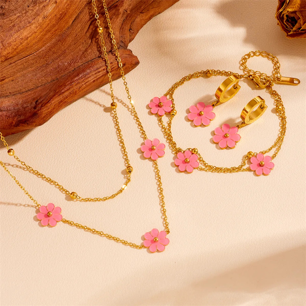 Wholesale Jewelry Sweet Simple Style Flower Titanium Steel Acrylic 18K Gold Plated Inlay Bracelets Earrings Necklace