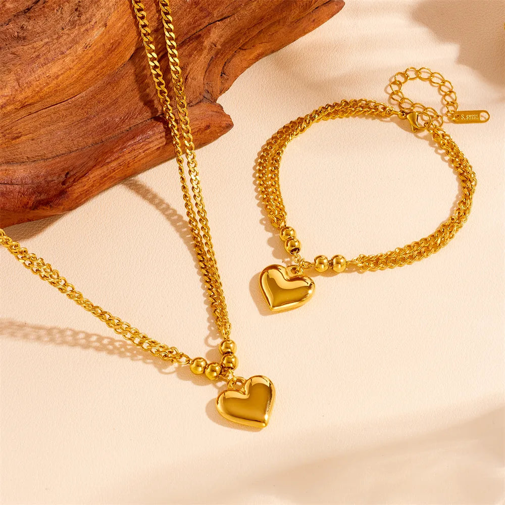 Wholesale Jewelry Sweet Simple Style Heart Shape Titanium Steel 18K Gold Plated Bracelets Necklace