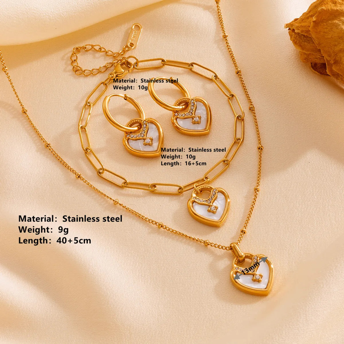 Wholesale Jewelry Sweet Simple Style Heart Shape Titanium Steel Acrylic Rhinestones 18K Gold Plated Inlay Bracelets Earrings Necklace