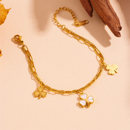 Wholesale Jewelry Sweet Simple Style Shamrock Titanium Steel Acrylic 18K Gold Plated Inlay Bracelets Anklet Necklace