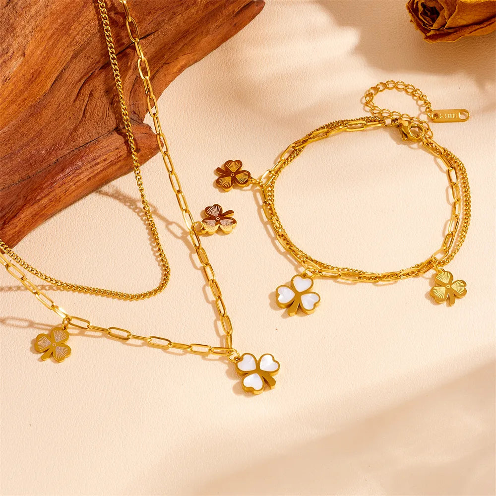 Wholesale Jewelry Sweet Simple Style Shamrock Titanium Steel Acrylic 18K Gold Plated Inlay Bracelets Anklet Necklace