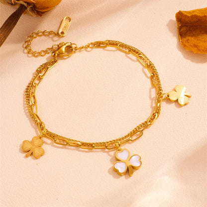 Wholesale Jewelry Sweet Simple Style Shamrock Titanium Steel Acrylic 18K Gold Plated Inlay Bracelets Anklet Necklace