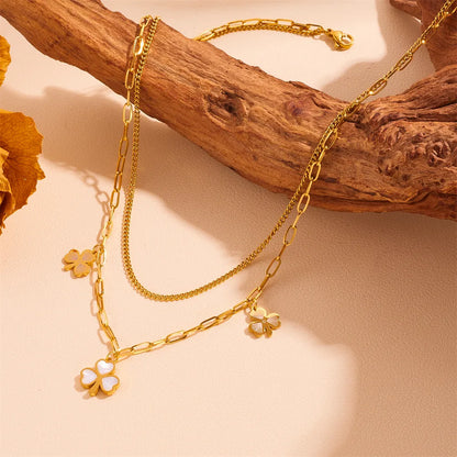 Wholesale Jewelry Sweet Simple Style Shamrock Titanium Steel Acrylic 18K Gold Plated Inlay Bracelets Anklet Necklace