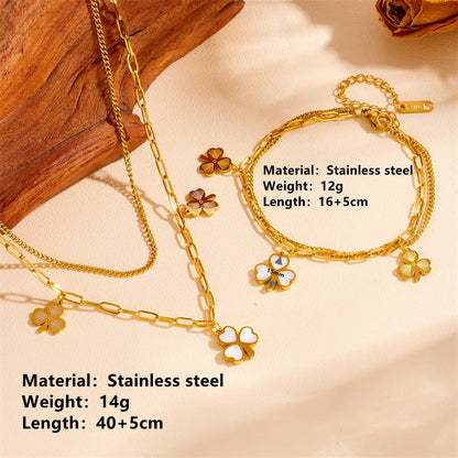 Wholesale Jewelry Sweet Simple Style Shamrock Titanium Steel Acrylic 18K Gold Plated Inlay Bracelets Anklet Necklace