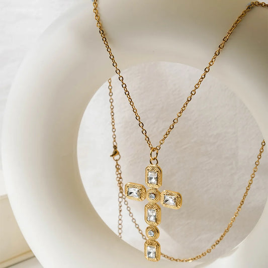 Wholesale Jewelry Sweet Simple Style Shiny Cross 304 Stainless Steel Zircon 14K Gold Plated Inlay Pendant Necklace