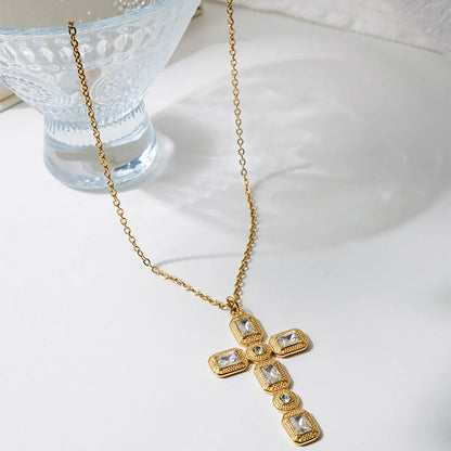 Wholesale Jewelry Sweet Simple Style Shiny Cross 304 Stainless Steel Zircon 14K Gold Plated Inlay Pendant Necklace