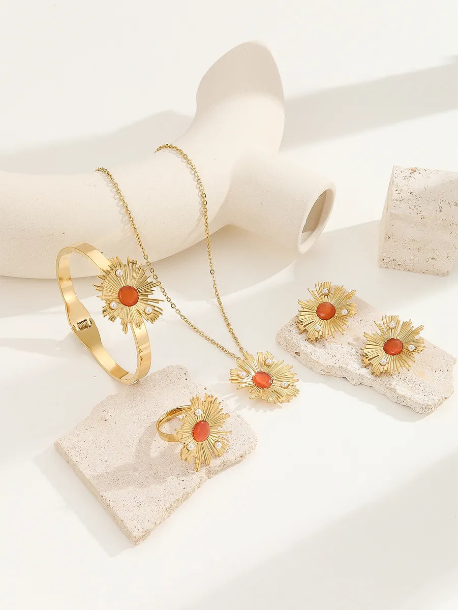 Wholesale Jewelry Tropical Simple Style Ditsy Floral Flower Titanium Steel 18K Gold Plated Inlay Jewelry Set