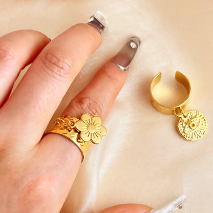 Wholesale Jewelry Tropical Simple Style Eye Solid Color Flower 304 Stainless Steel 18K Gold Plated Plating Charm Rings