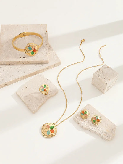 Wholesale Jewelry Tropical Simple Style Flower Titanium Steel Artificial Gemstones 18K Gold Plated Enamel Inlay Jewelry Set