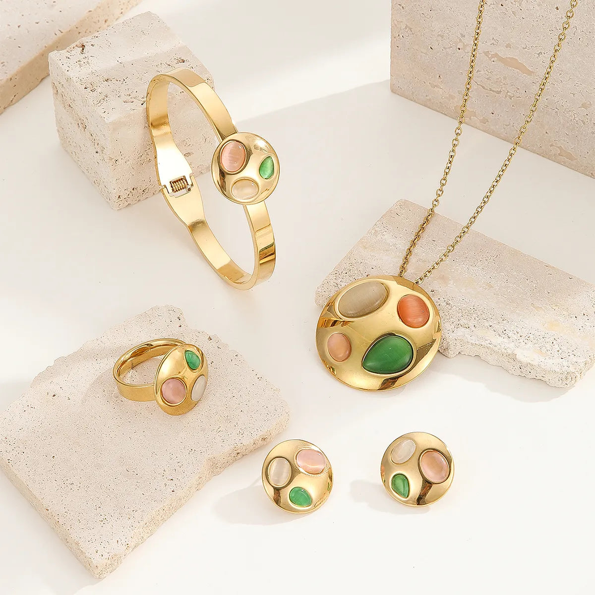 Wholesale Jewelry Tropical Simple Style Flower Titanium Steel Artificial Gemstones 18K Gold Plated Enamel Inlay Jewelry Set