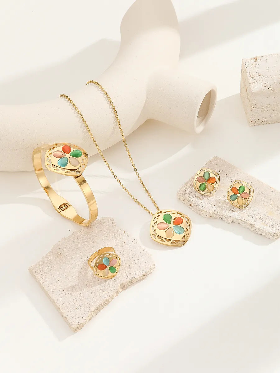 Wholesale Jewelry Tropical Simple Style Flower Titanium Steel Artificial Gemstones 18K Gold Plated Enamel Inlay Jewelry Set