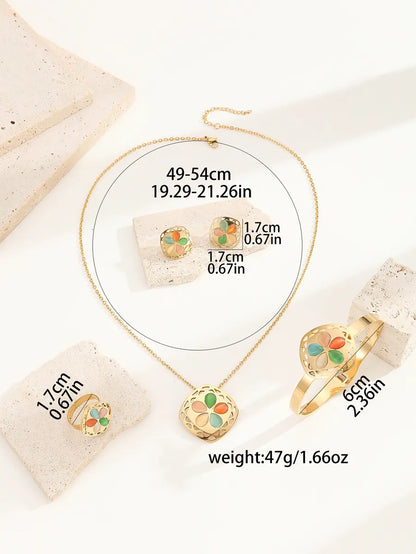 Wholesale Jewelry Tropical Simple Style Flower Titanium Steel Artificial Gemstones 18K Gold Plated Enamel Inlay Jewelry Set