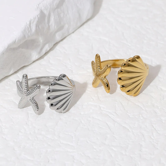 Wholesale Jewelry Vacation Beach Simple Style Starfish Shell 304 Stainless Steel 18K Gold Plated Open Rings