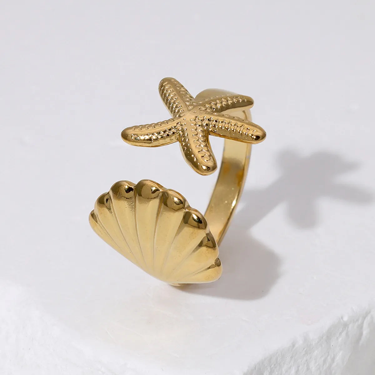 Wholesale Jewelry Vacation Beach Simple Style Starfish Shell 304 Stainless Steel 18K Gold Plated Open Rings