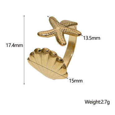 Wholesale Jewelry Vacation Beach Simple Style Starfish Shell 304 Stainless Steel 18K Gold Plated Open Rings