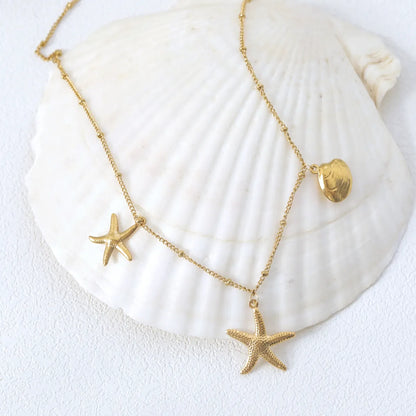 Wholesale Jewelry Vacation Marine Style Classic Style Scallop Starfish 304 Stainless Steel 18K Gold Plated Pendant Necklace