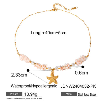 Wholesale Jewelry Vacation Marine Style Starfish Shell 304 Stainless Steel 18K Gold Plated Beaded Pendant Necklace