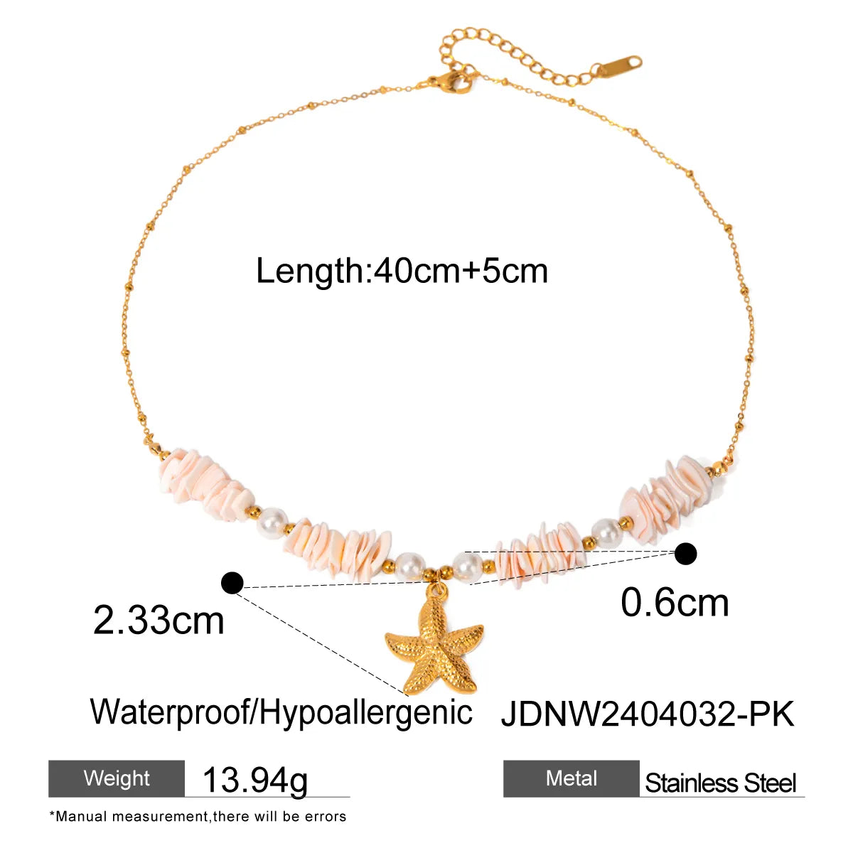 Wholesale Jewelry Vacation Marine Style Starfish Shell 304 Stainless Steel 18K Gold Plated Beaded Pendant Necklace