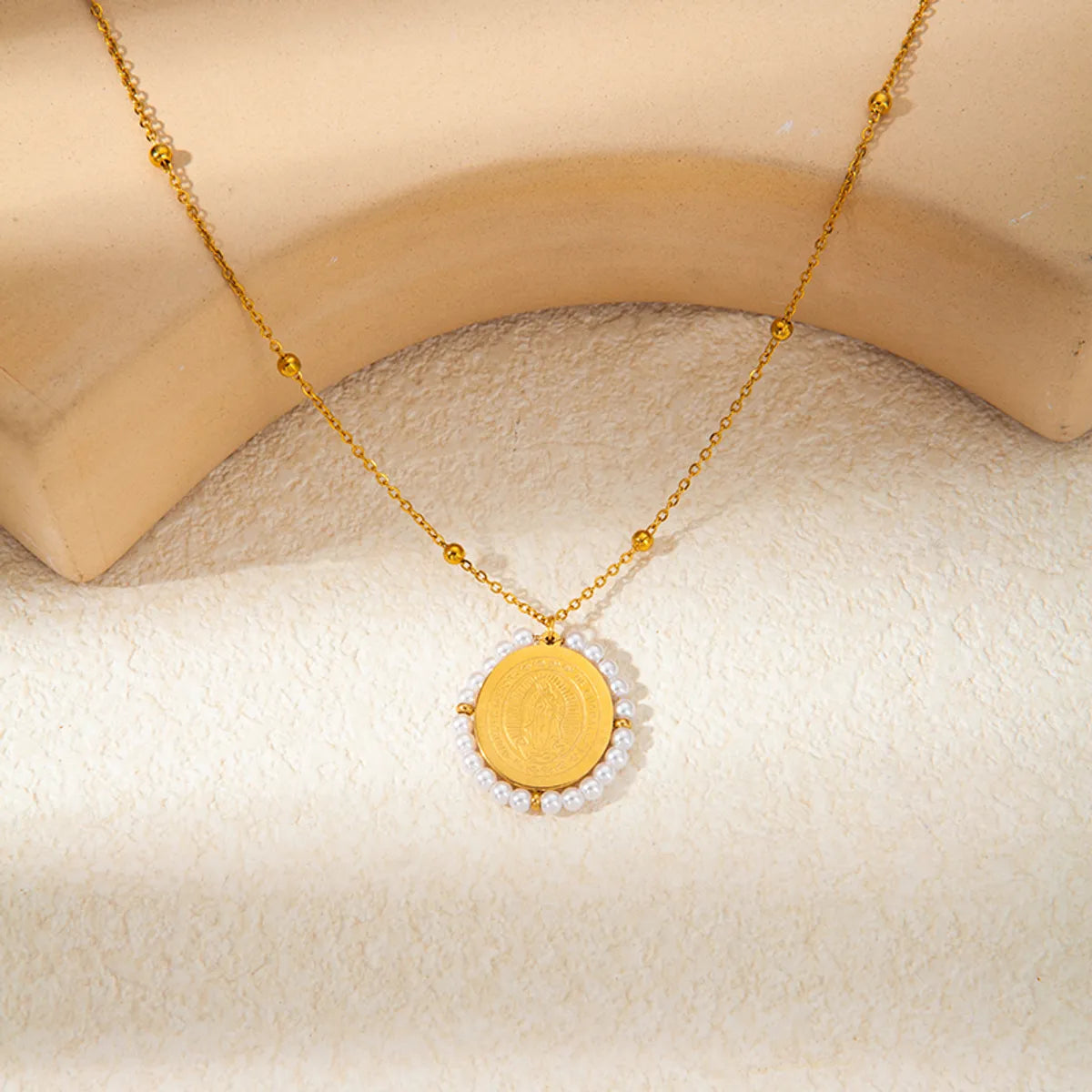 Wholesale Jewelry Vacation Round Oval 304 Stainless Steel 14K Gold Plated Beaded Pendant Necklace